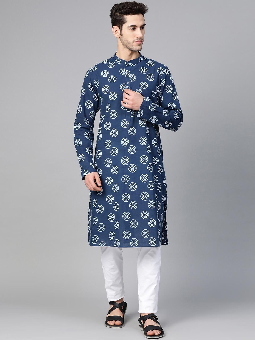 see designs men navy & white hand block printed sustainable handloom kurta with pyjamas