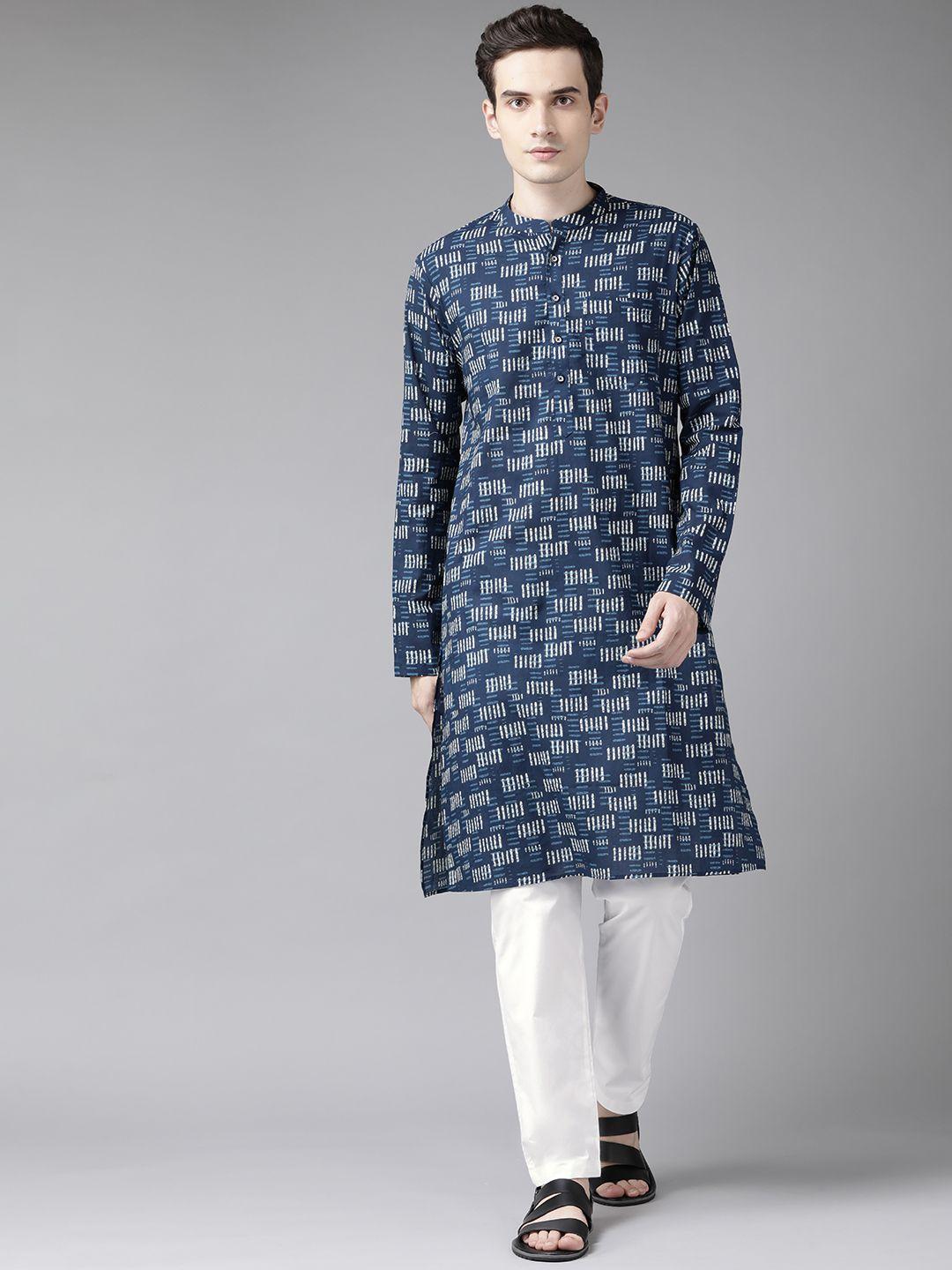 see designs men navy blue printed pure cotton kurta with trousers