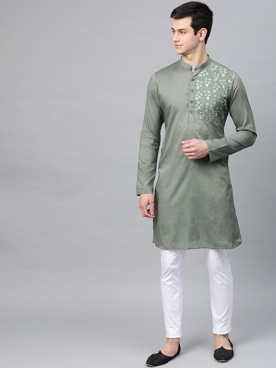 see designs men olive green embroidered detail straight kurta