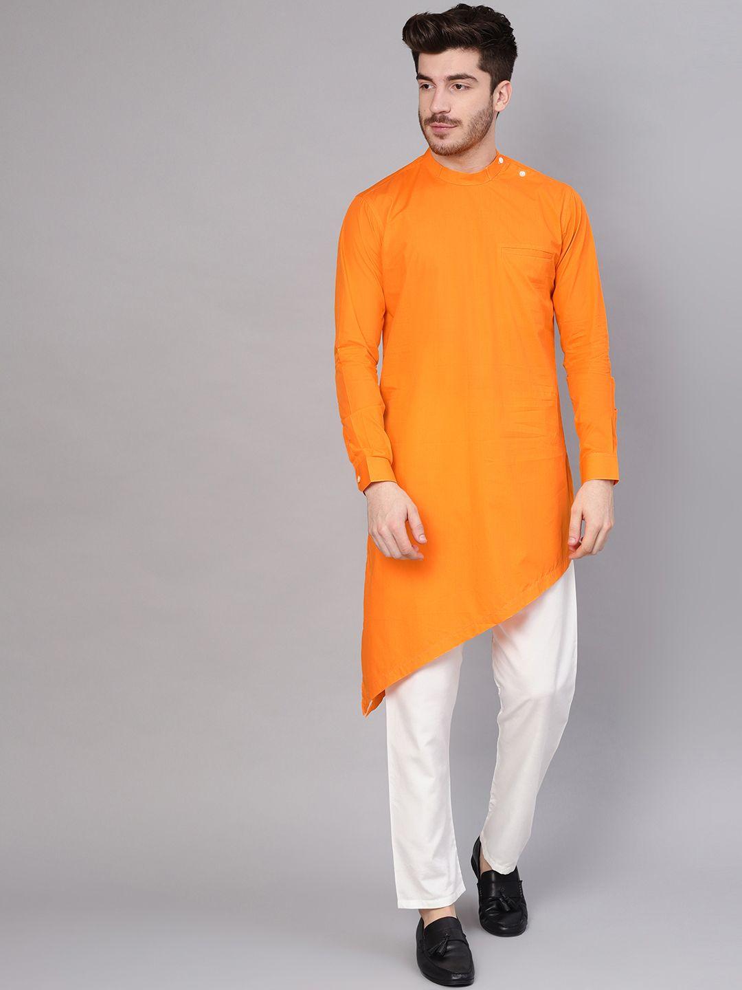see designs men orange solid straight kurta