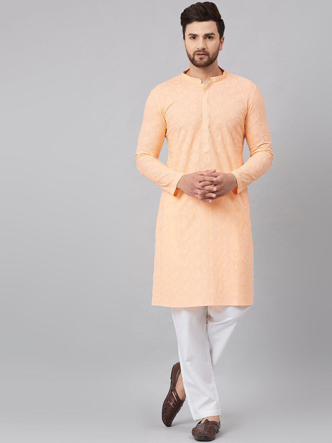 see designs men peach & white chikankari embroidered cotton kurta with pyjamas