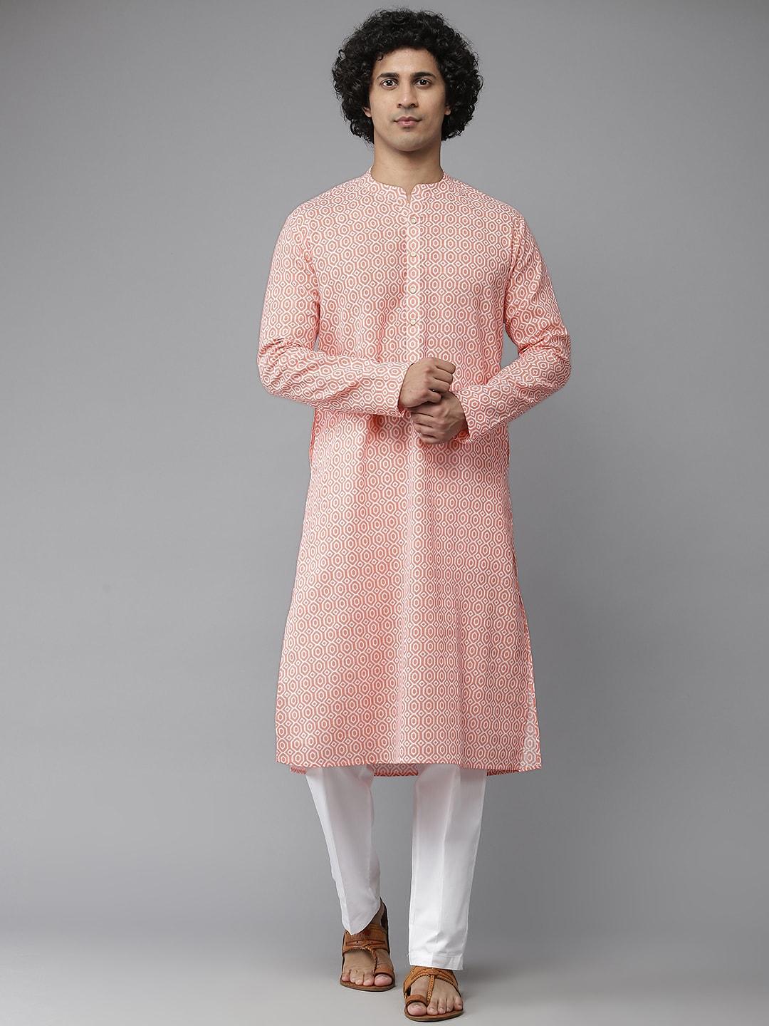 see designs men peach-coloured & wwhite printed pure cotton kurta with pyjamas
