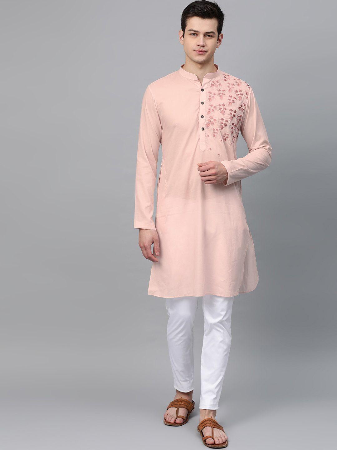 see designs men pink & white embroidered kurta with trousers