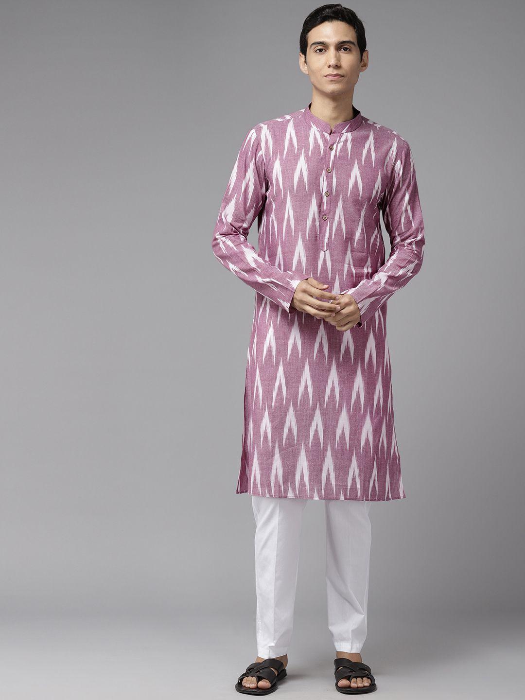 see designs men printed mandarin collar pure cotton kurta with pyjamas