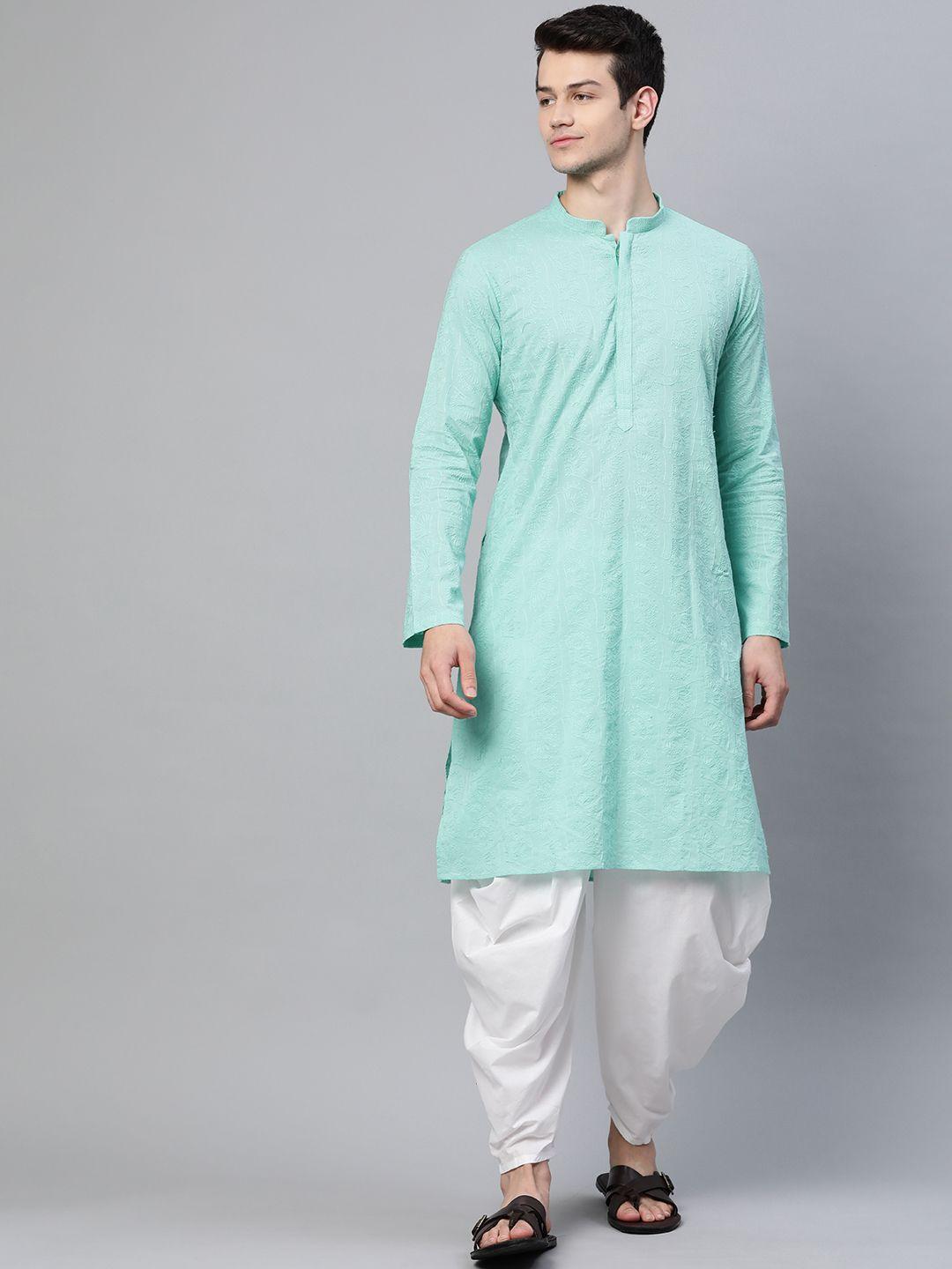 see designs men sea green pure cotton chikankari embroidered straight kurta