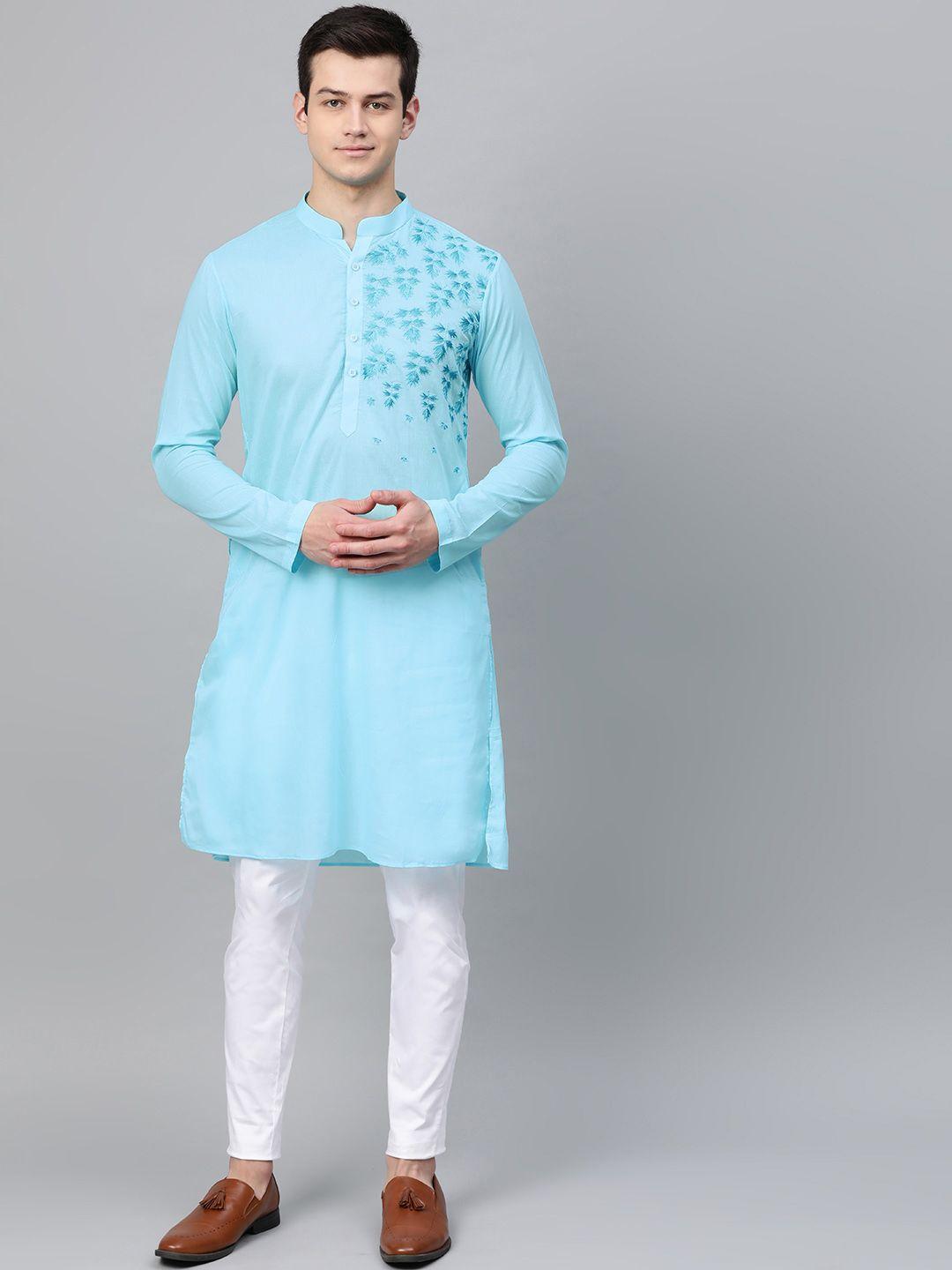 see designs men turquoise blue embroidered kurta with trousers