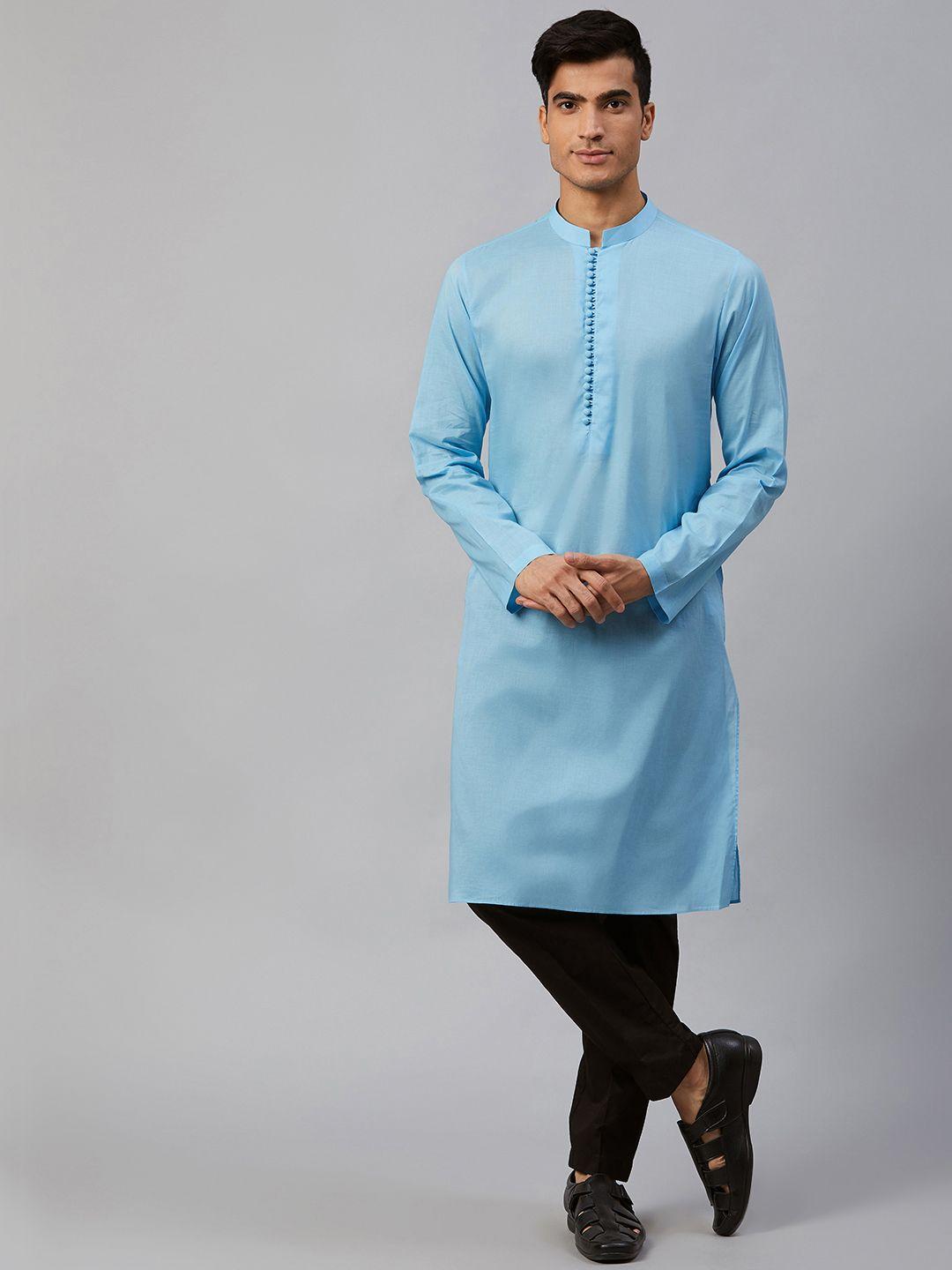 see designs men turquoise blue solid straight kurta