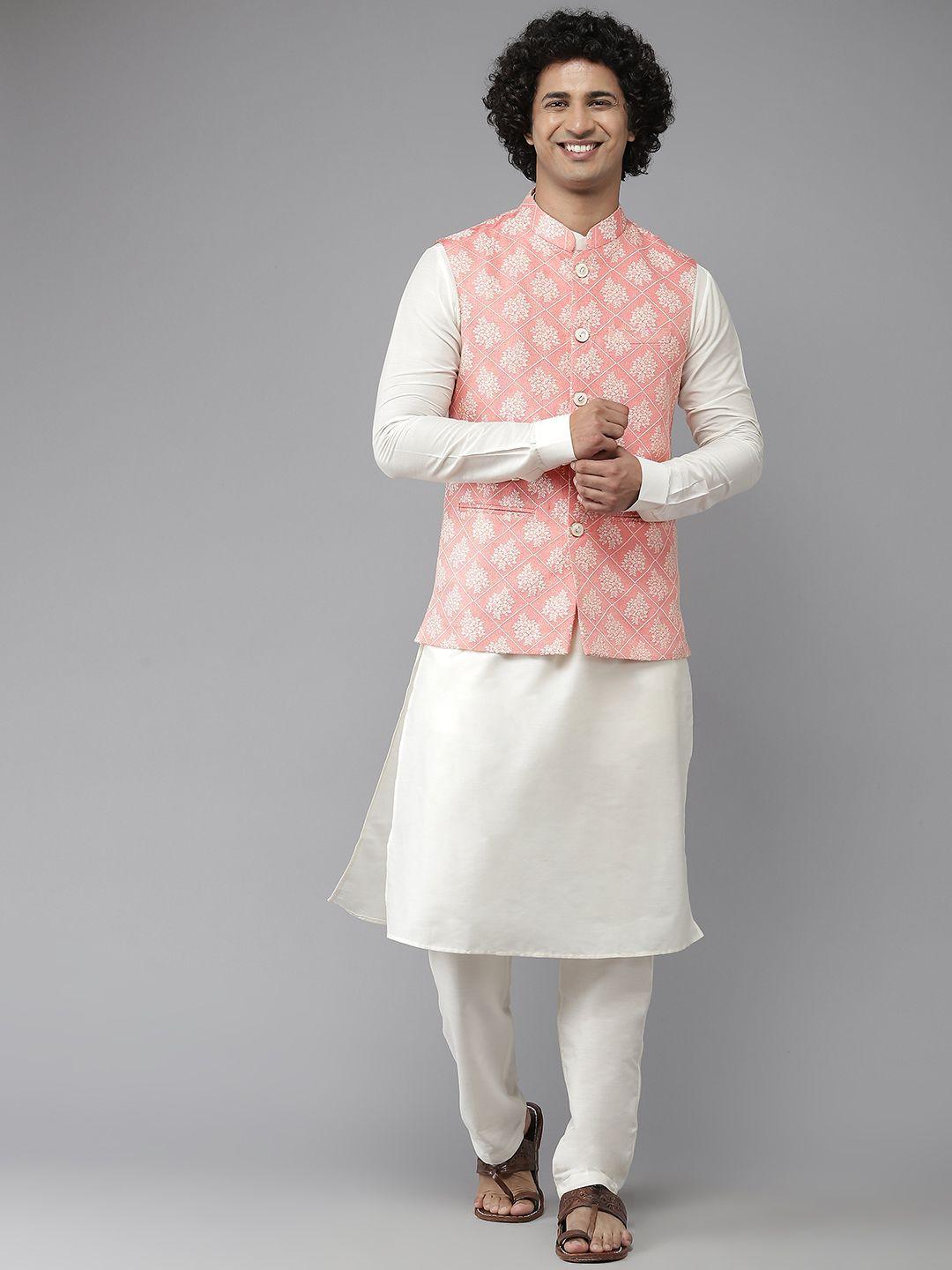 see designs men white & coral pink solid pure silk kurta with pyjamas & nehru jacket