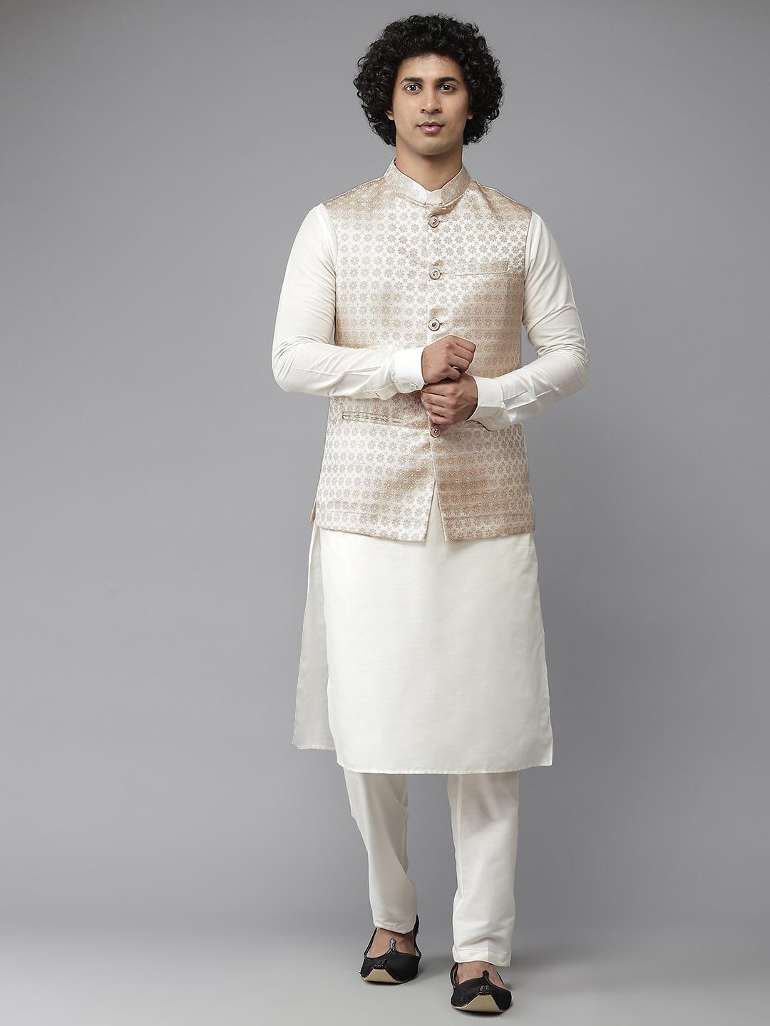see designs men white & golden pure silk kurta with pyjamas & nehru jacket