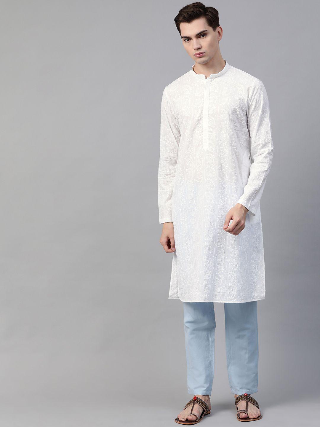 see designs men white pure cotton chikankari embroidered straight kurta