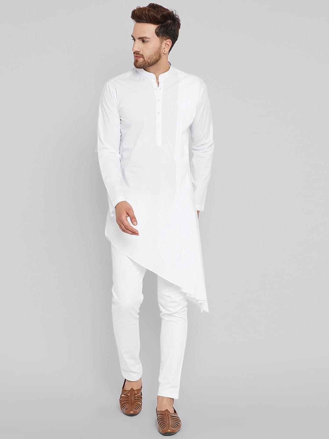 see designs men white solid kurta with churidar