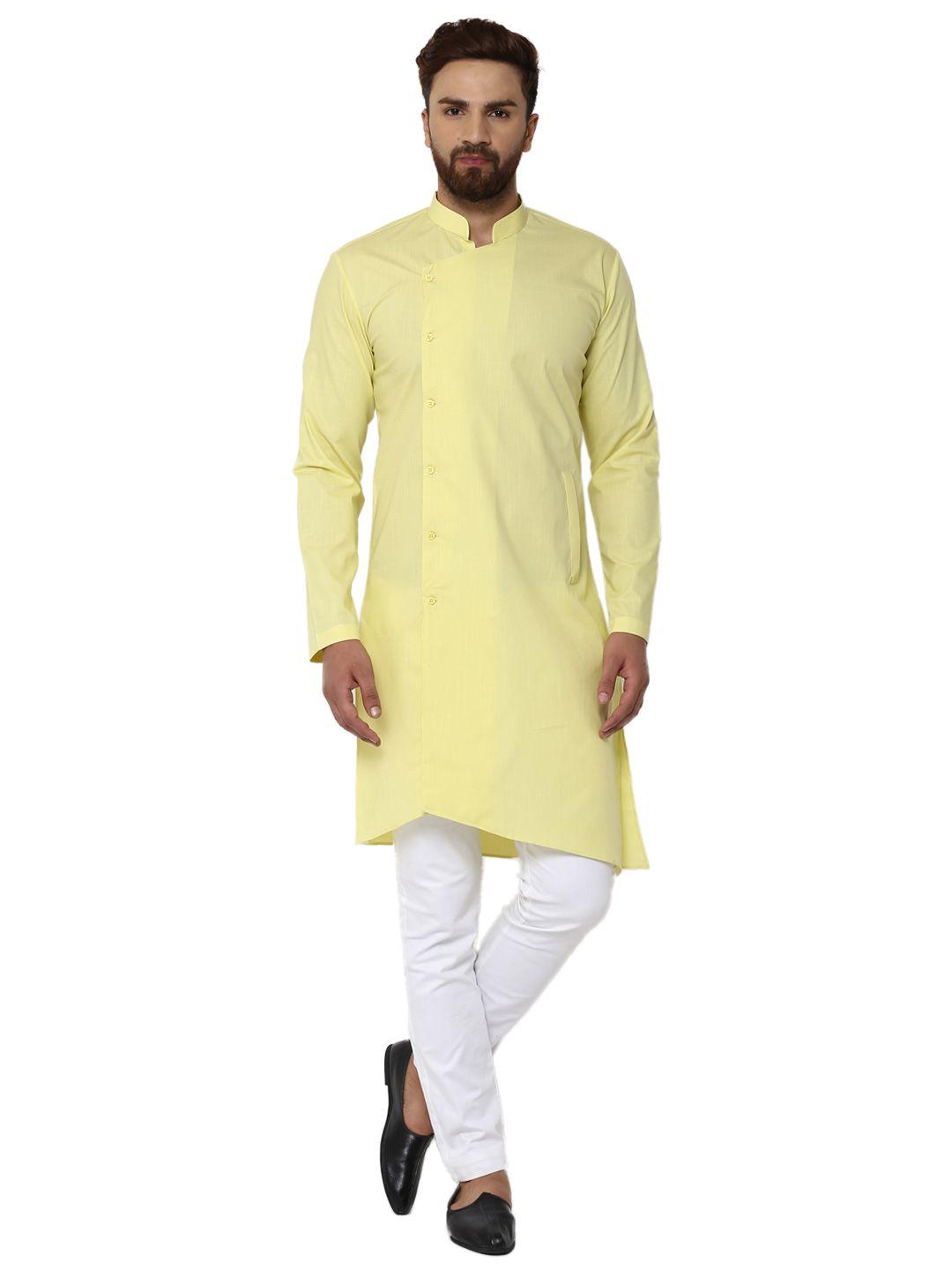 see designs men yellow & white solid kurta with pyjamas