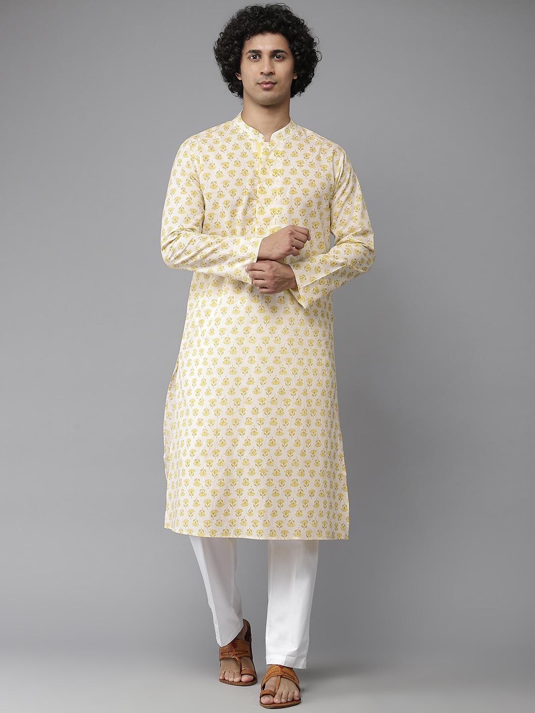 see designs men yellow ethnic printed phulkari pure cotton kurta with pyjamas