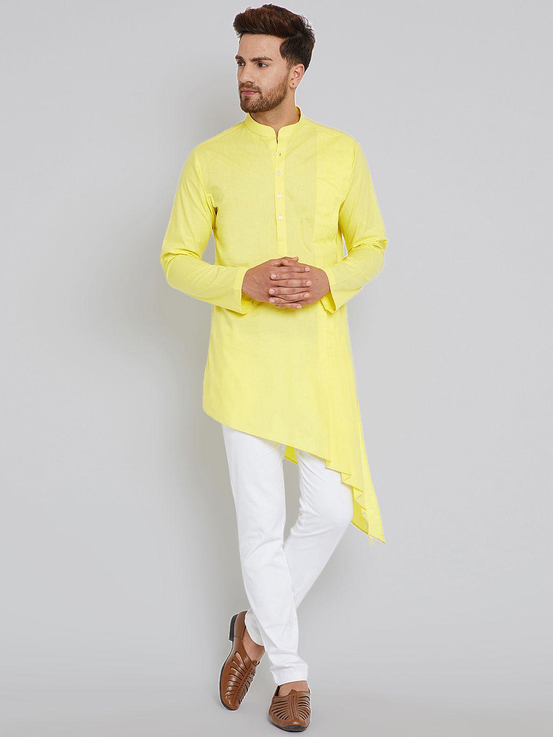 see designs men yellow solid kurta with churidar