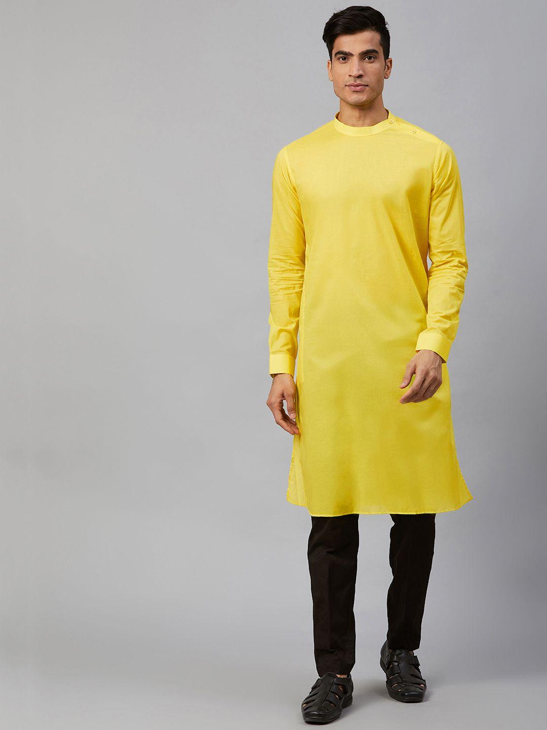 see designs men yellow solid straight kurta