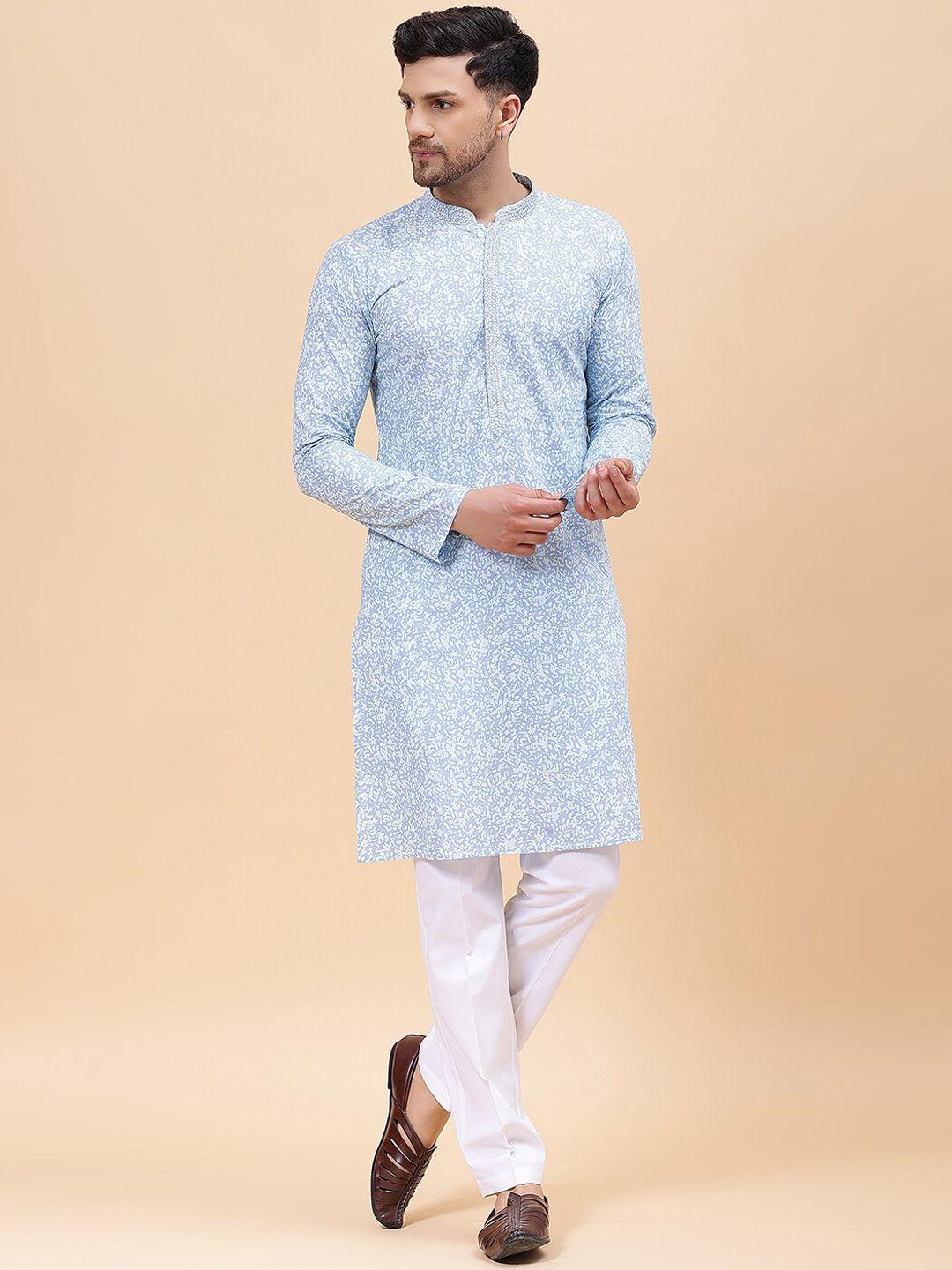 see designs printed mandarin collar regular pure cotton kurta with pyjamas