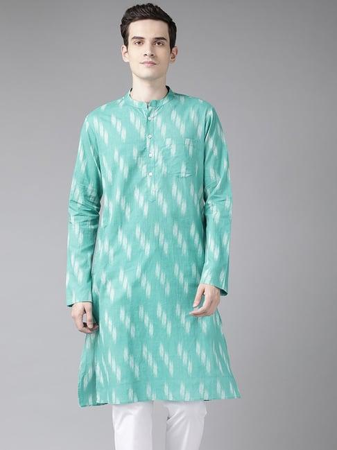 see designs turquoise blue cotton regular fit printed kurta