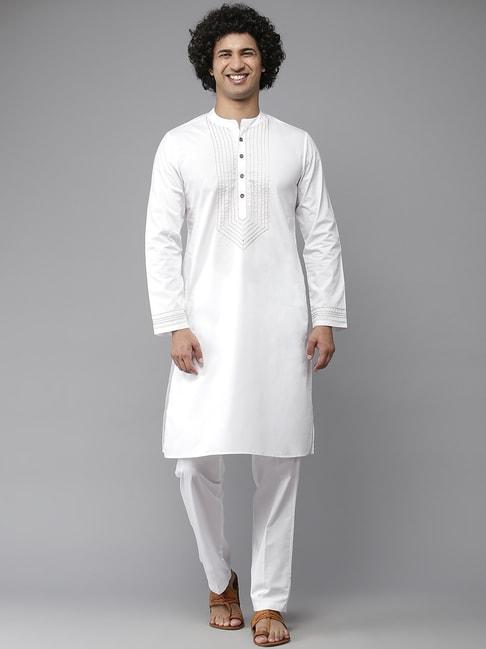 see designs white cotton regular fit self pattern kurta bottom set