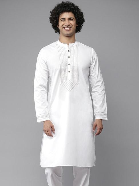 see designs white cotton regular fit self pattern kurta