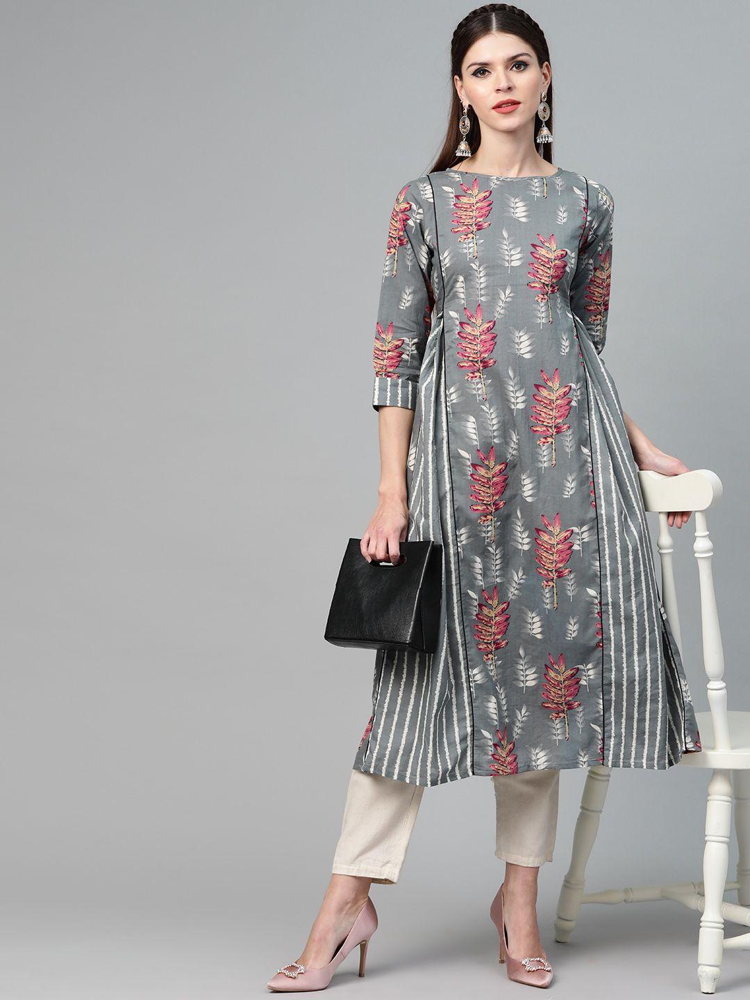 see designs women grey & off-white screen print a-line kurta
