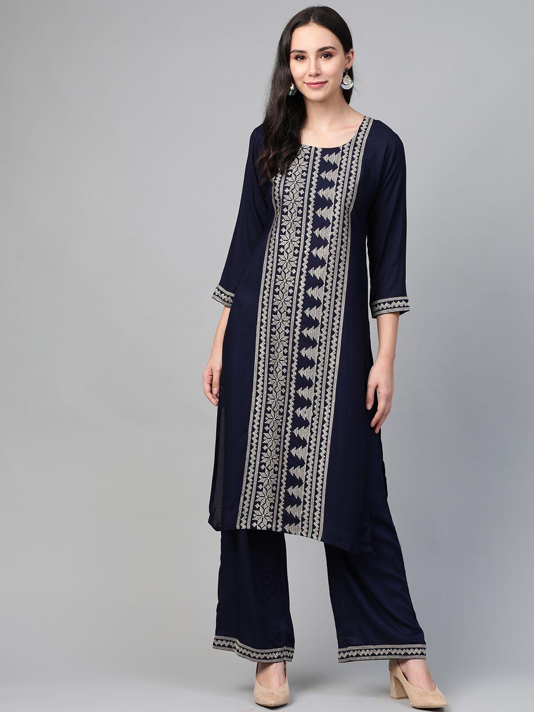 see designs women navy blue & beige embroidered kurta with palazzos