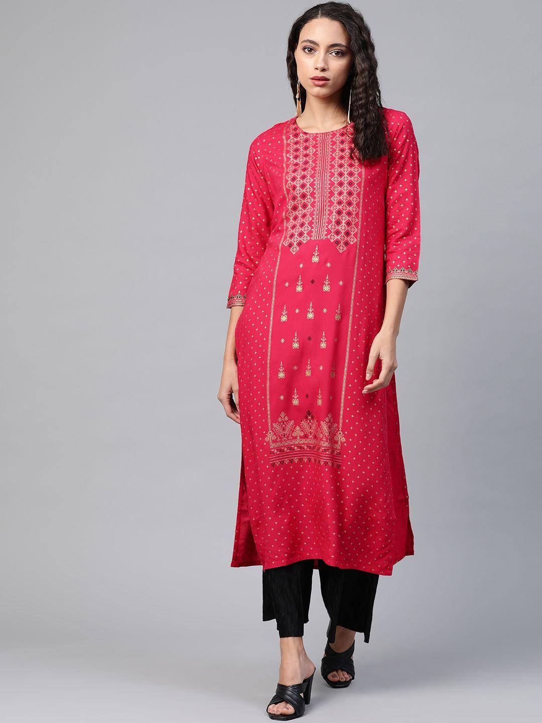see designs women pink & golden ethnic motif print straight kurta