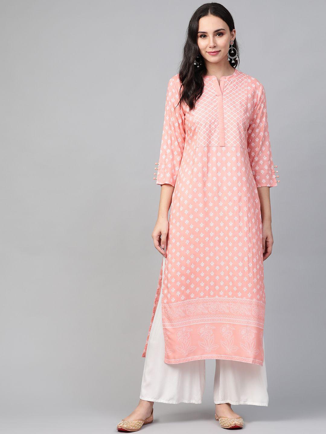 see designs women pink & white printed straight kurta