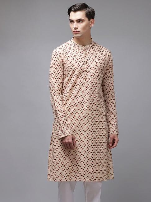 see designs beige cotton regular fit printed kurta