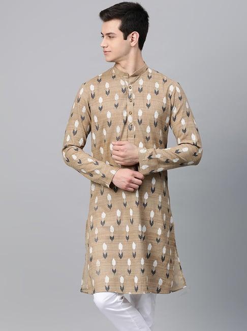 see designs beige cotton regular fit printed kurta