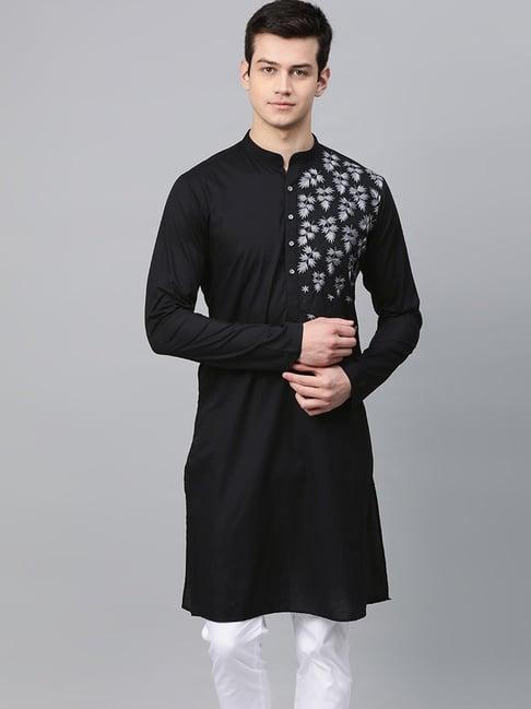 see designs black cotton regular fit embroidered kurta