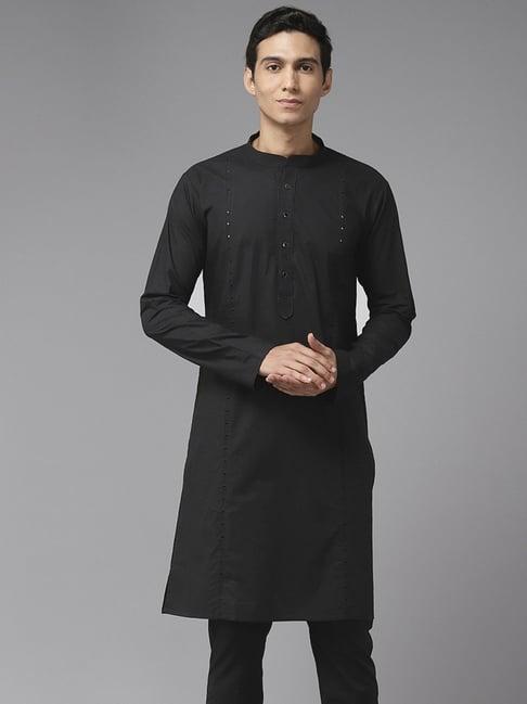 see designs black cotton regular fit embroidered kurta