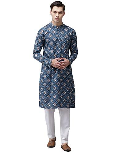 see designs blue & white cotton regular fit mandarin collar printed kurta set_sdkt97501l