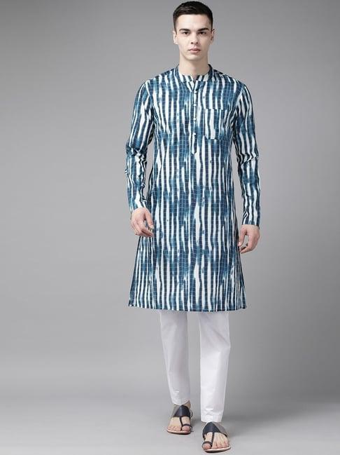 see designs blue & white cotton regular fit printed kurta bottom set