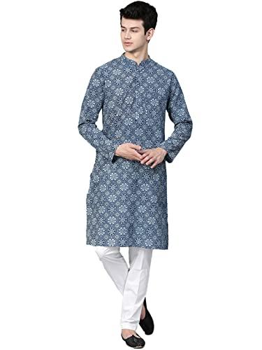 see designs blue & white cotton regular fit printed kurta set_sdkt88501l