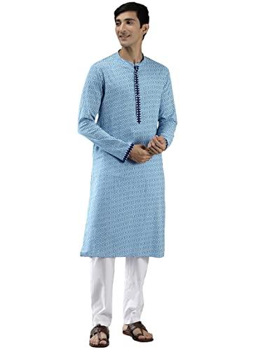 see designs blue cotton regular fit printed kurta mandarin collar_sdkt1028s