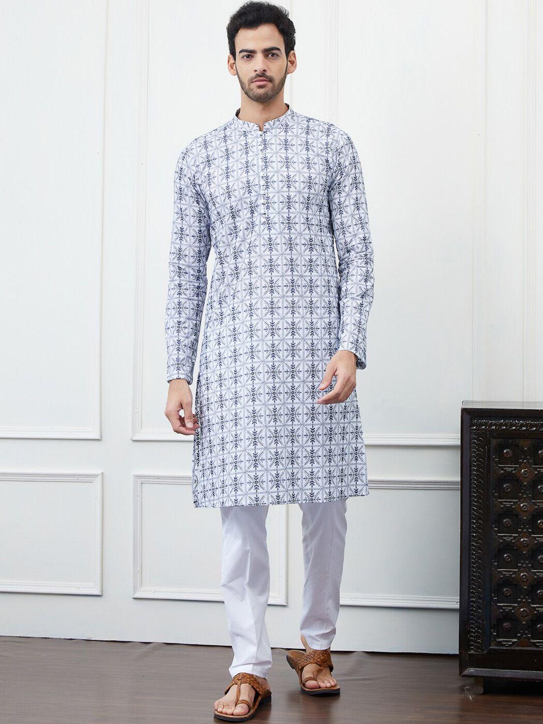see designs ethnic motifs embroidered chikankari pure cotton kurta with pyjamas