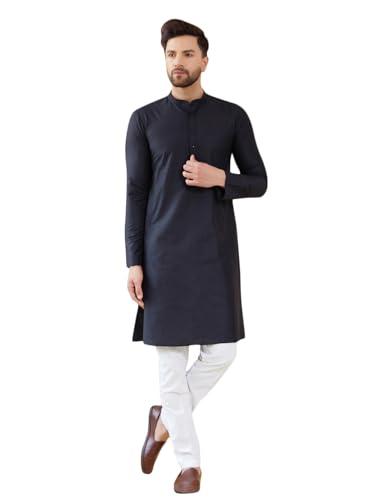 see designs full sleeve side slit black cotton solid straight mandarin collar kurta with pyjama - sdkt241101m