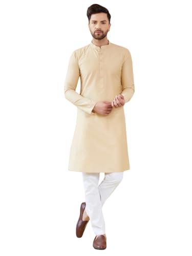 see designs full sleeve side slit cream cotton solid straight mandarin collar kurta with pyjama - sdkt241201s