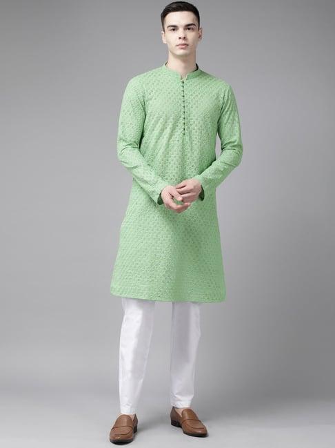 see designs green & white cotton regular fit embroidered kurta bottom set