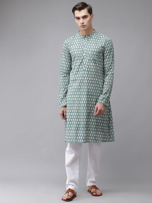 see designs green & white cotton regular fit printed kurta bottom set