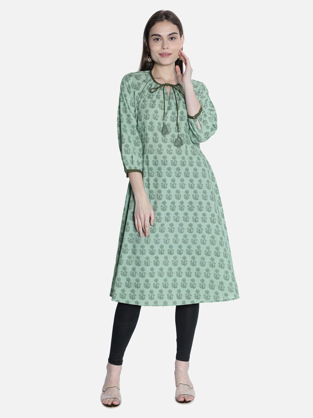 see designs green ethnic motifs tie-up neck a-line dress