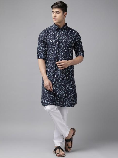 see designs indigo blue & white cotton regular fit printed kurta bottom set