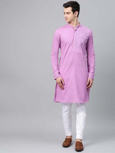 see designs lavender & white cotton regular fit embroidered kurta bottom set