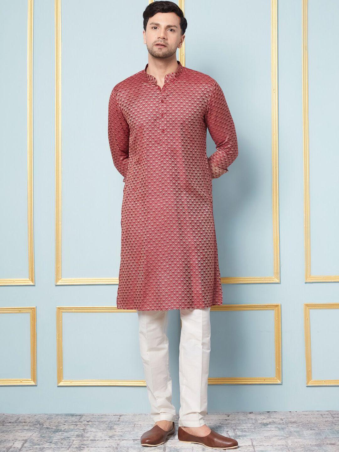 see designs mandarin collar woven design straight kurta with pyjamas