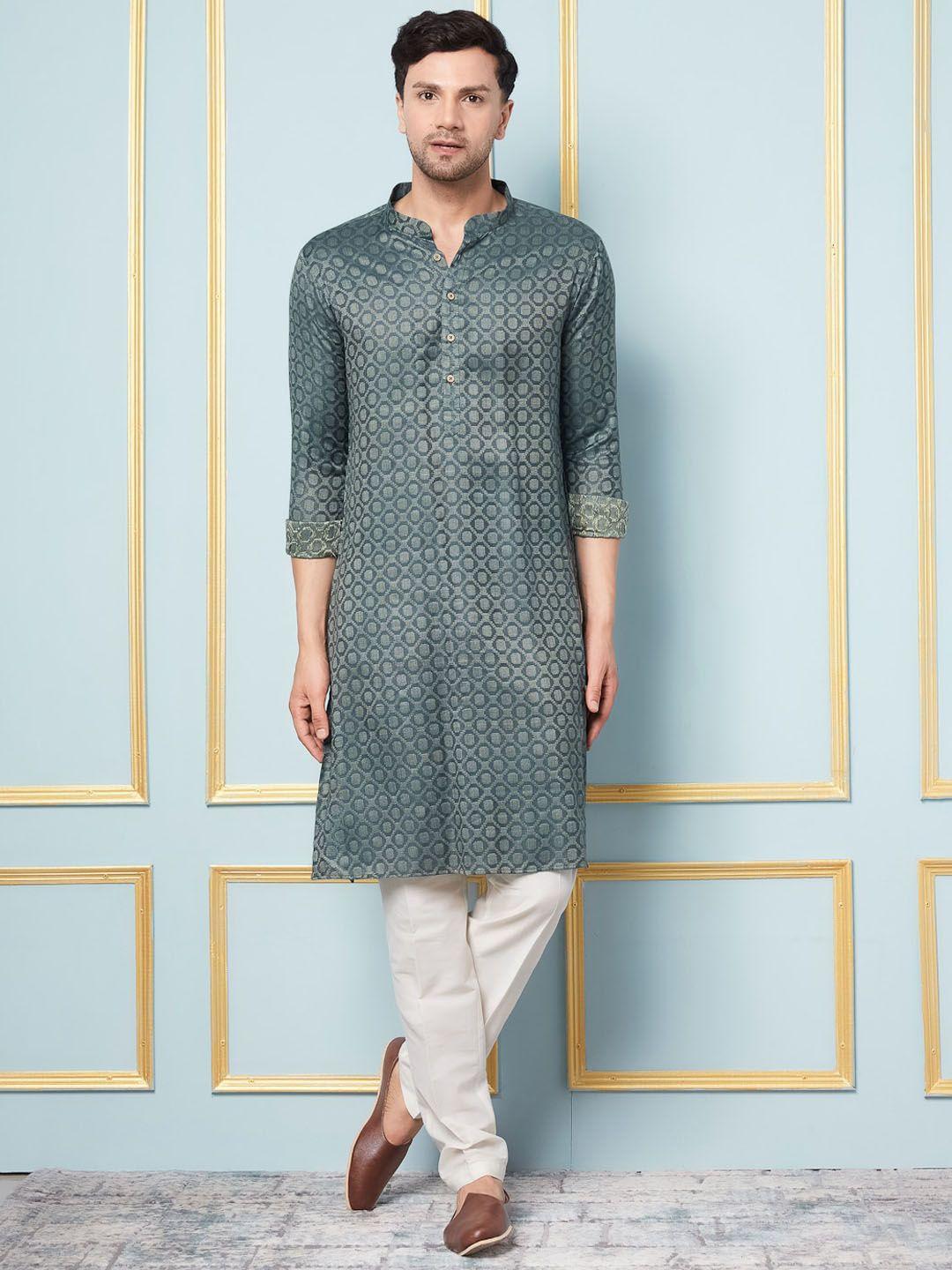 see designs mandarin collar woven design straight kurta with pyjamas