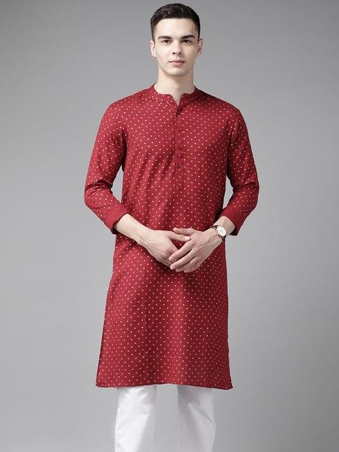 see designs maroon cotton regular fit printed kurta