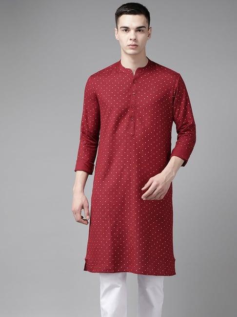 see designs maroon cotton regular fit printed kurta