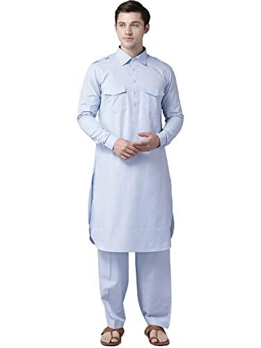 see designs men's solid cotton curved hemline with shirt collar sky blue full sleeve pathani kurta with salwar - sdkt608l