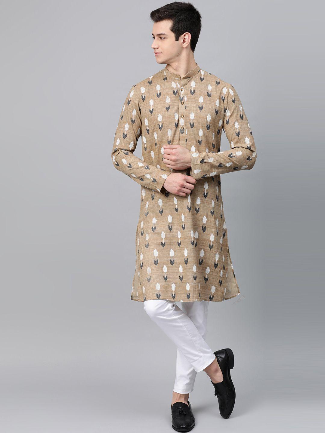 see designs men beige & white printed kurta with churidar