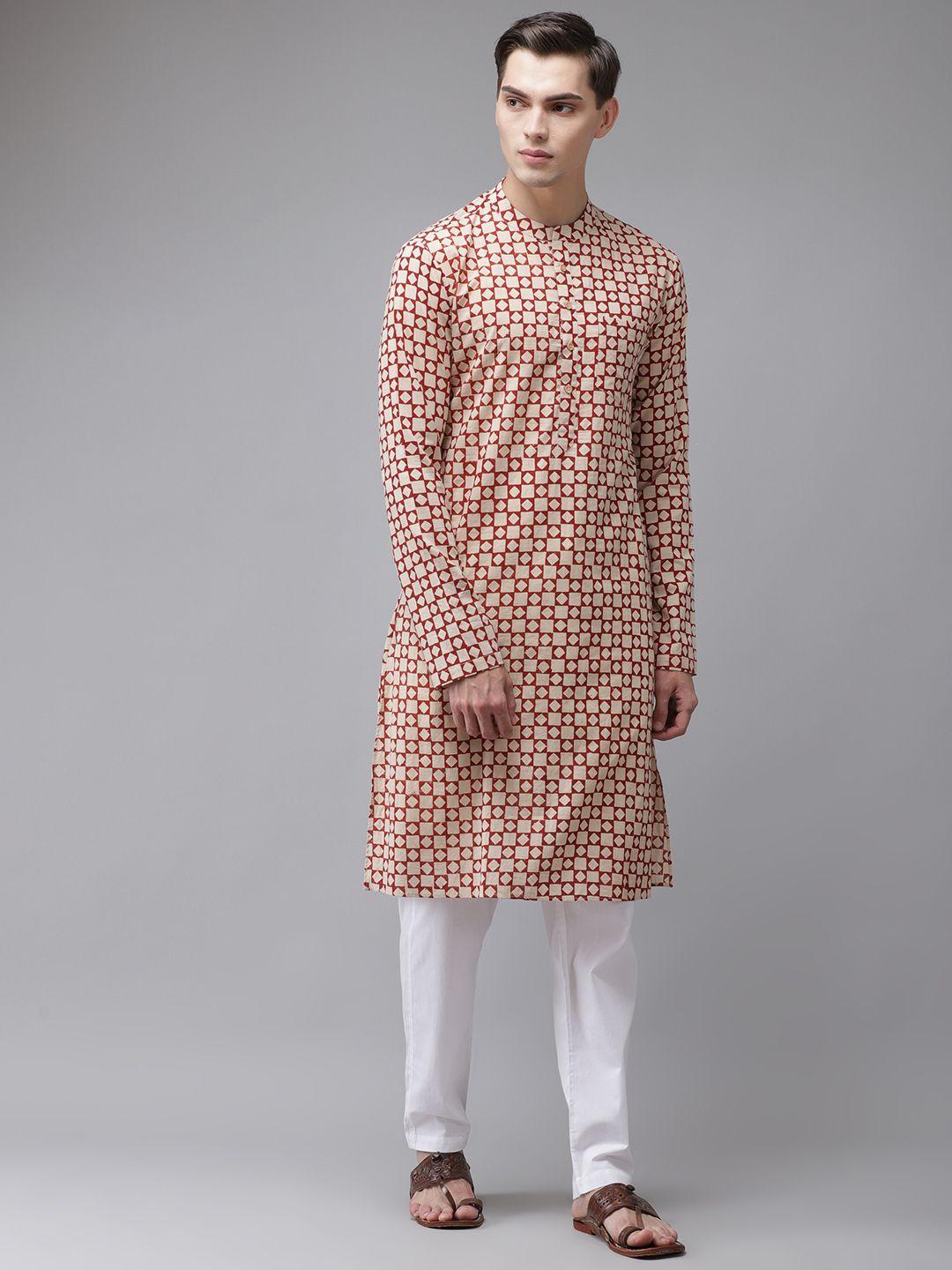 see designs men beige printed regular pure cotton kurta with pyjamas